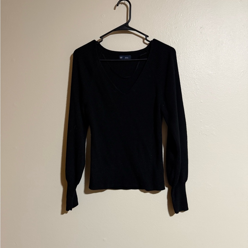 Not for sale-Gap Black Ribbed V Neck Puff Sleeve Sweater Size Medium